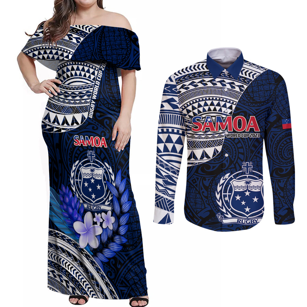 Samoa Rugby Couples Matching Off Shoulder Maxi Dress and Long Sleeve Button Shirts Proud Samoa World Cup 2023 LT9 - Wonder Print Shop