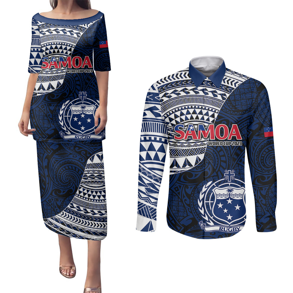 Samoa Rugby Couples Matching Puletasi Dress and Long Sleeve Button Shirts Proud Samoa World Cup 2023 LT9 - Wonder Print Shop