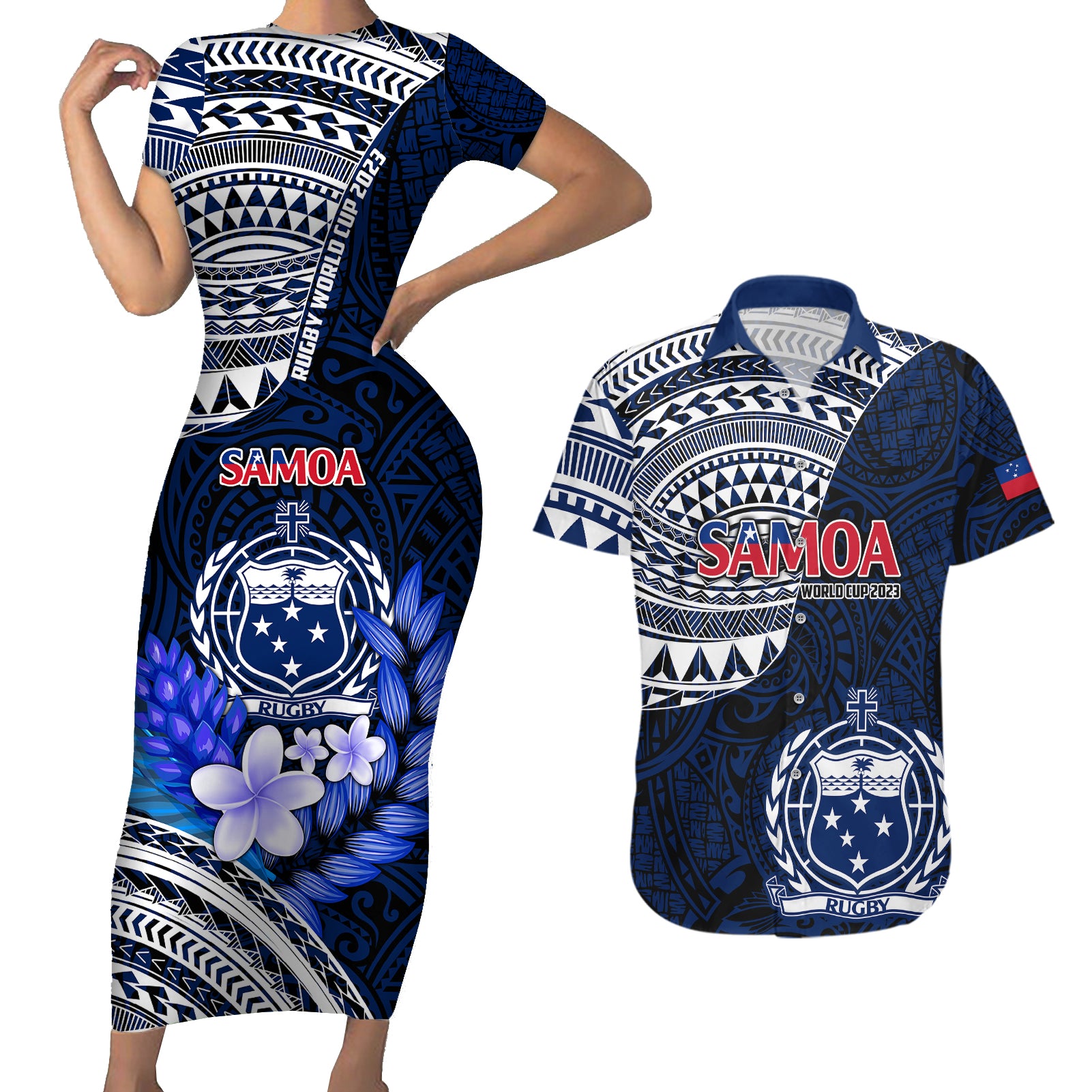 Samoa Rugby Couples Matching Short Sleeve Bodycon Dress and Hawaiian Shirt Proud Samoa World Cup 2023 LT9 - Wonder Print Shop