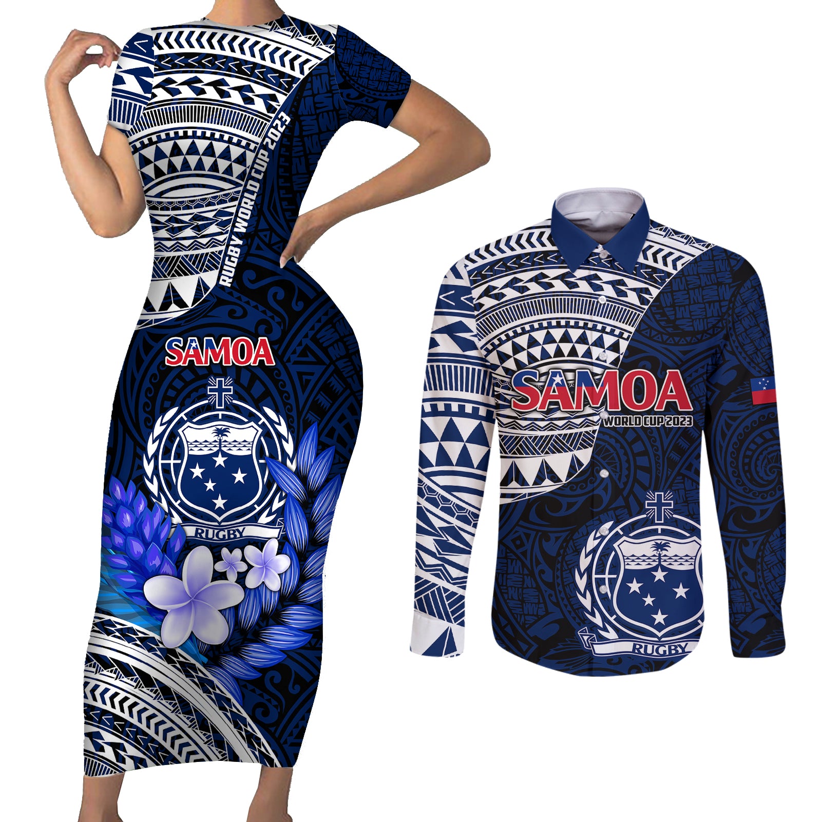 Samoa Rugby Couples Matching Short Sleeve Bodycon Dress and Long Sleeve Button Shirts Proud Samoa World Cup 2023 LT9 - Wonder Print Shop