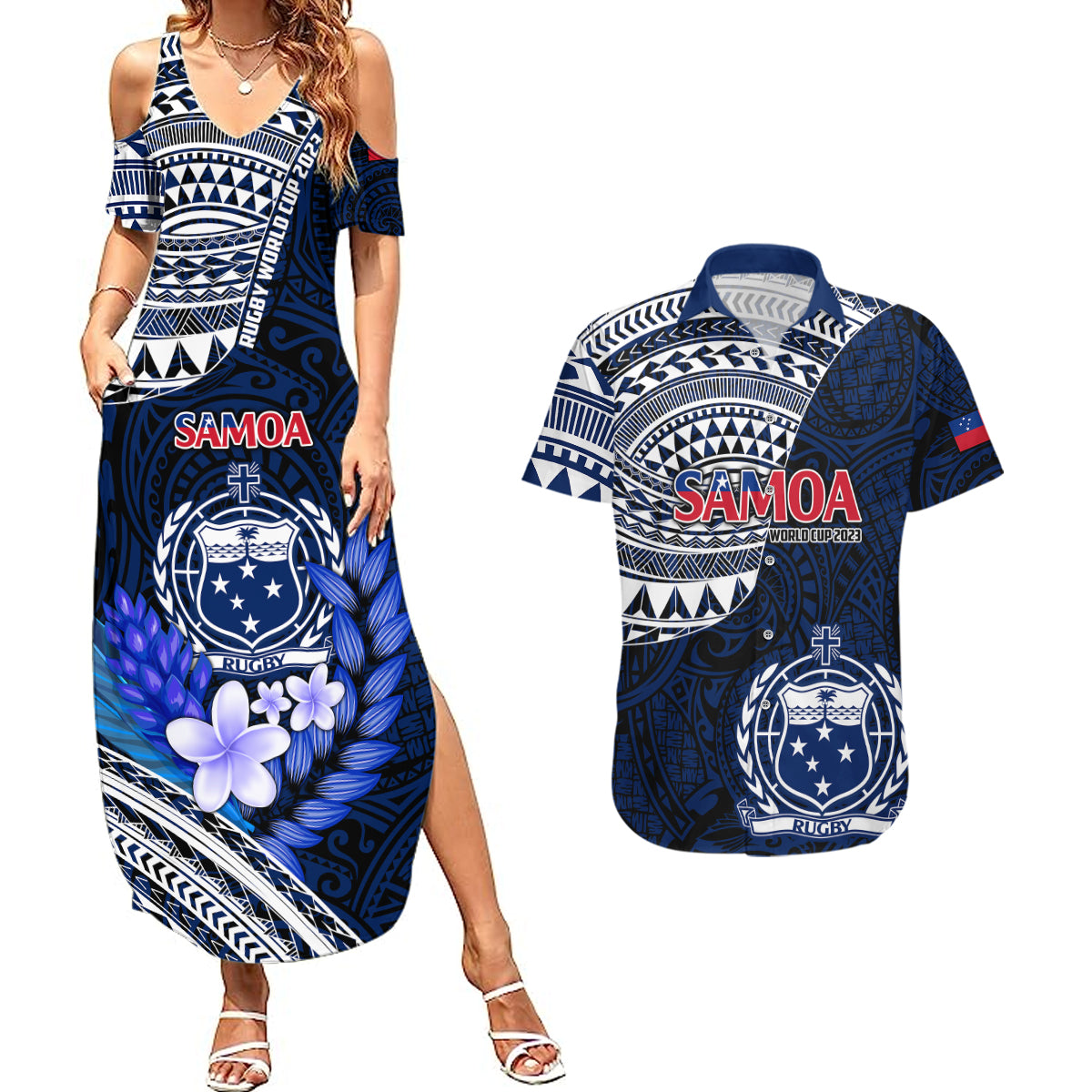 Samoa Rugby Couples Matching Summer Maxi Dress and Hawaiian Shirt Proud Samoa World Cup 2023 LT9 - Wonder Print Shop