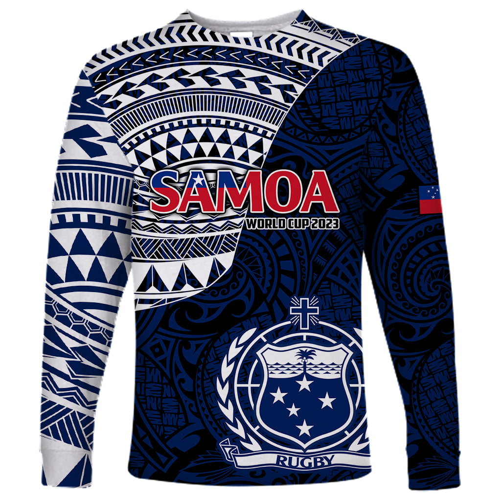 Blue long-sleeve rugby shirt with Samoa World Cup 2023 graphic and crest