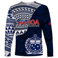 Blue long-sleeve rugby shirt with Samoa World Cup 2023 graphic and crest