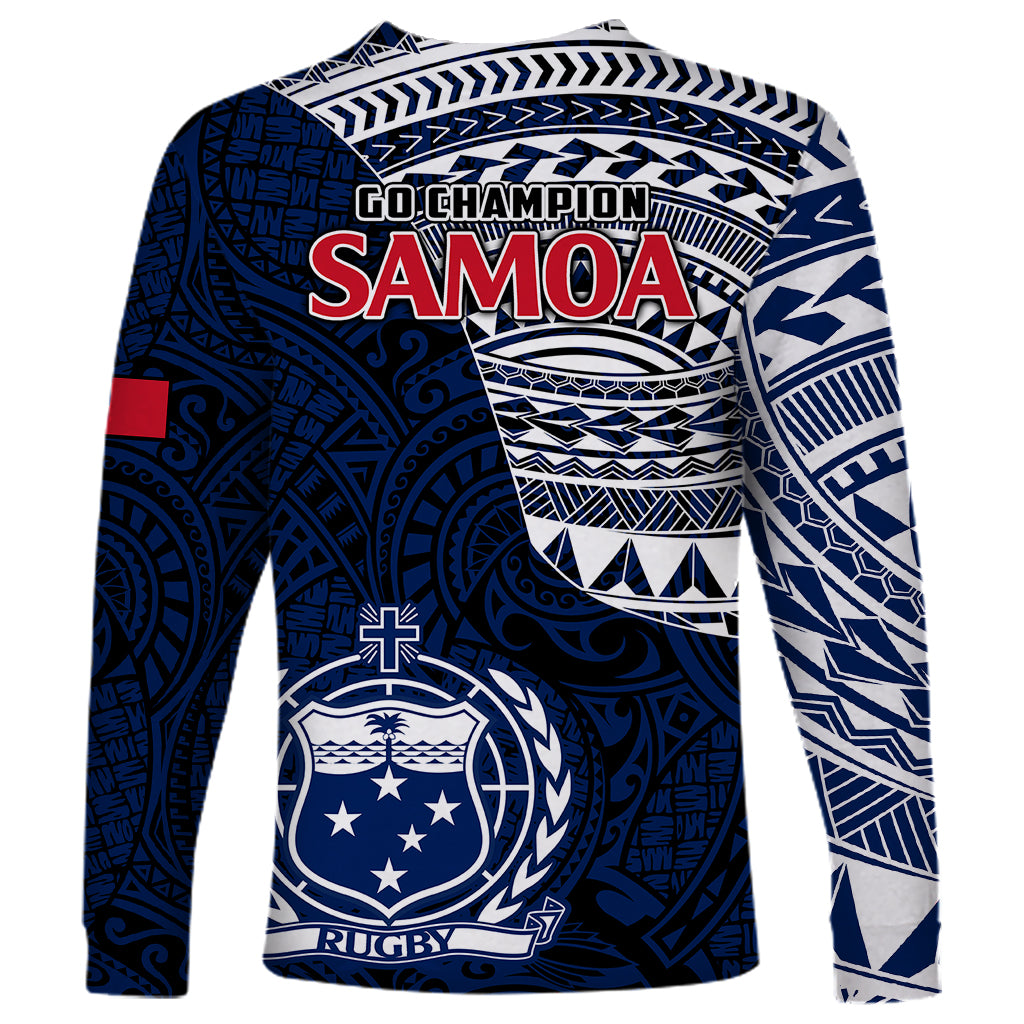 Blue long-sleeve rugby shirt with Samoa Go Champion lettering and crest