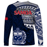 Blue long-sleeve rugby shirt with Samoa Go Champion lettering and crest