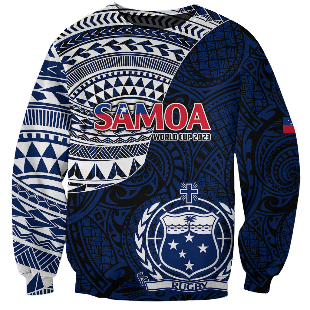 Blue Samoa rugby sweatshirt with 'World Cup 2023' graphic and crest