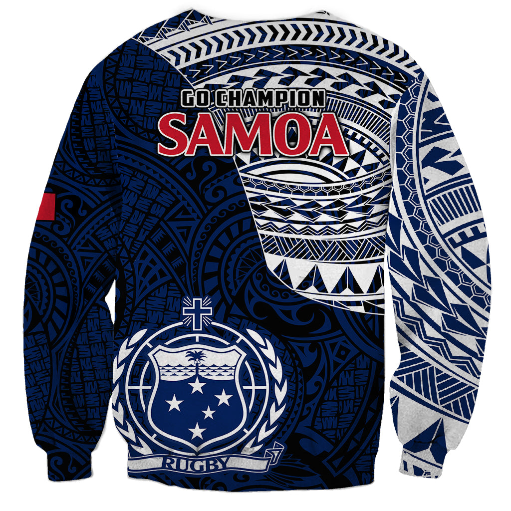 Blue Samoa rugby sweatshirt with 'Go Champion' text, patterned sleeves and crest