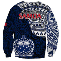 Blue Samoa rugby sweatshirt with 'Go Champion' text, patterned sleeves and crest
