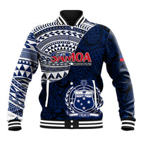 Blue and white rugby baseball jacket with tribal Samoa crest, ribbed collar and snap buttons