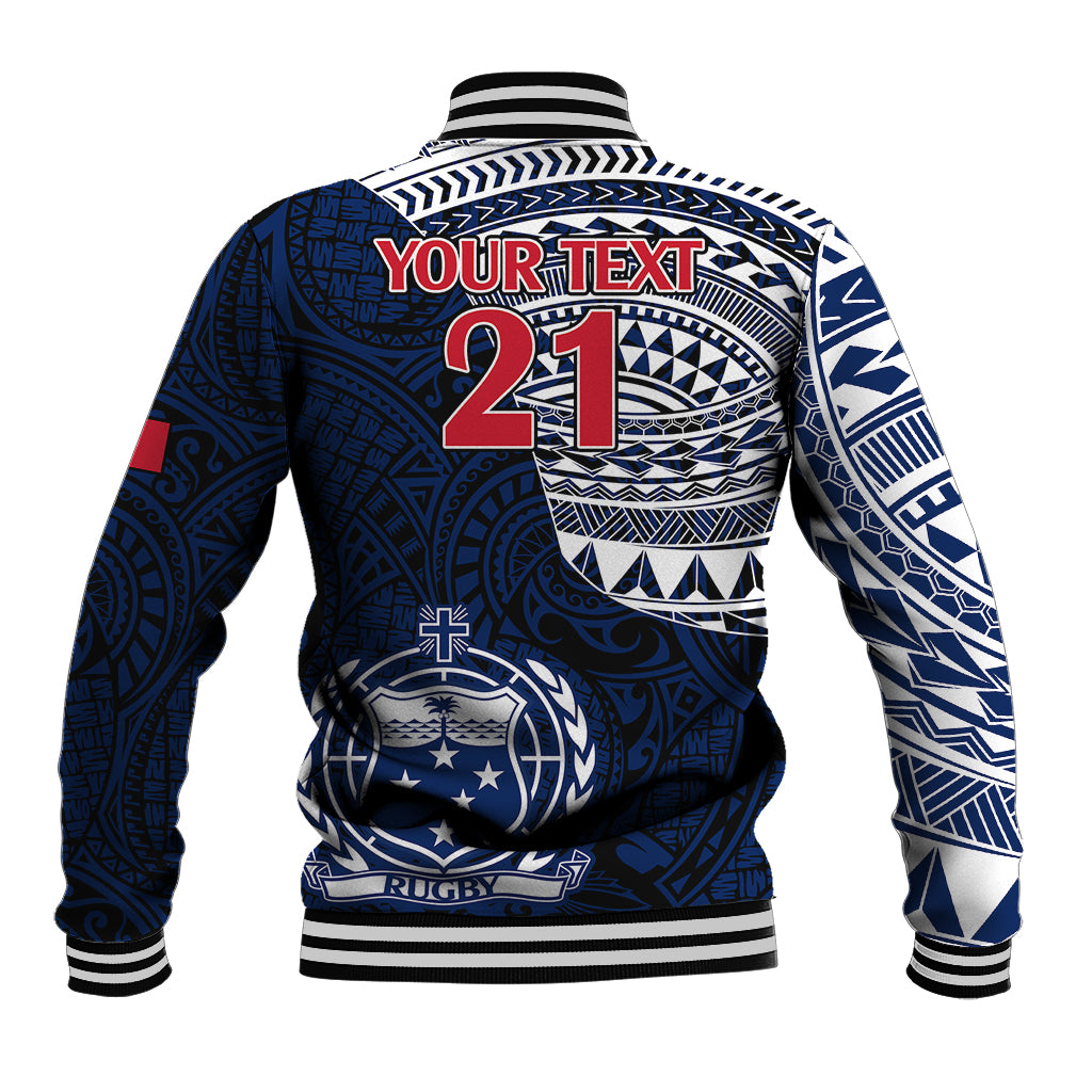 Navy rugby baseball jacket back with red YOUR TEXT and large 21, striped ribbed cuffs