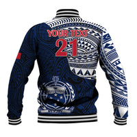 Navy rugby baseball jacket back with red YOUR TEXT and large 21, striped ribbed cuffs