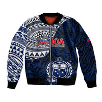 Blue bomber jacket with zip, Samoa crest, white tribal pattern on sleeves