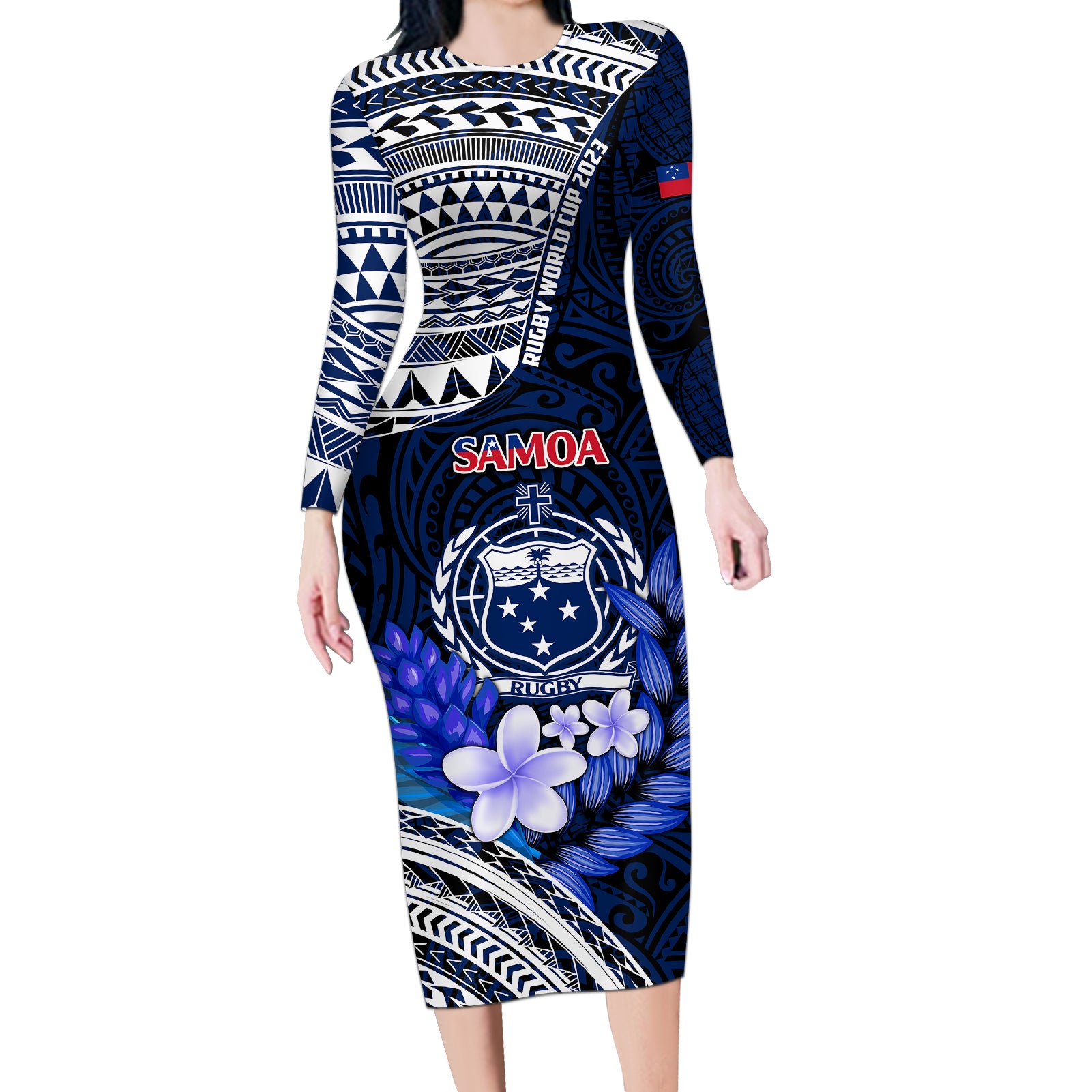 Custom Samoa Rugby Long Sleeve Bodycon Dress Proud Samoa World Cup 2023 - Wonder Print Shop