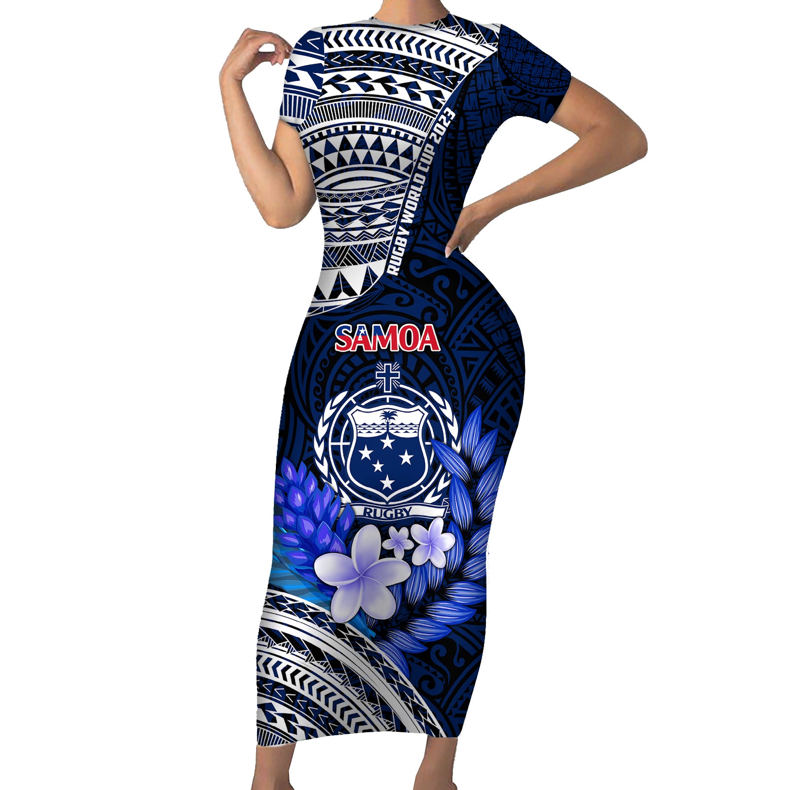 Custom Samoa Rugby Short Sleeve Bodycon Dress Proud Samoa World Cup 2023 - Wonder Print Shop