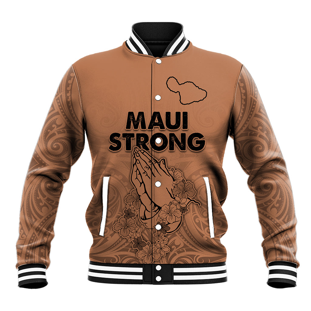 Unisex tan baseball jacket with striped rib collar and cuffs, front Maui Strong graphics