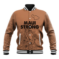 Unisex tan baseball jacket with striped rib collar and cuffs, front Maui Strong graphics