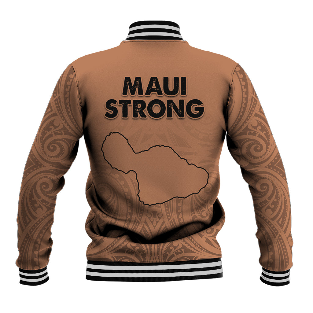 Unisex tan baseball jacket with striped rib collar, back Maui Strong state outline graphic
