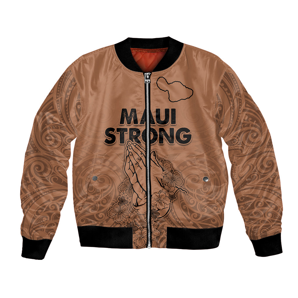 Unisex gold bomber jacket with Maui Strong graphic and quilted map design, front zip