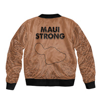 Unisex gold bomber jacket, back Maui Strong text over island map graphic, ribbed cuffs