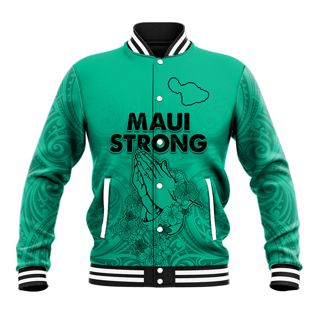 Green unisex baseball jacket with ribbed collar, striped cuffs, and Maui Strong graphic