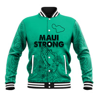 Green unisex baseball jacket with ribbed collar, striped cuffs, and Maui Strong graphic