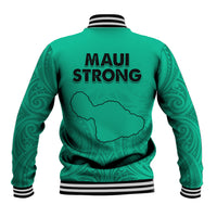 Green unisex baseball jacket with back MAUI STRONG text and island outline graphic