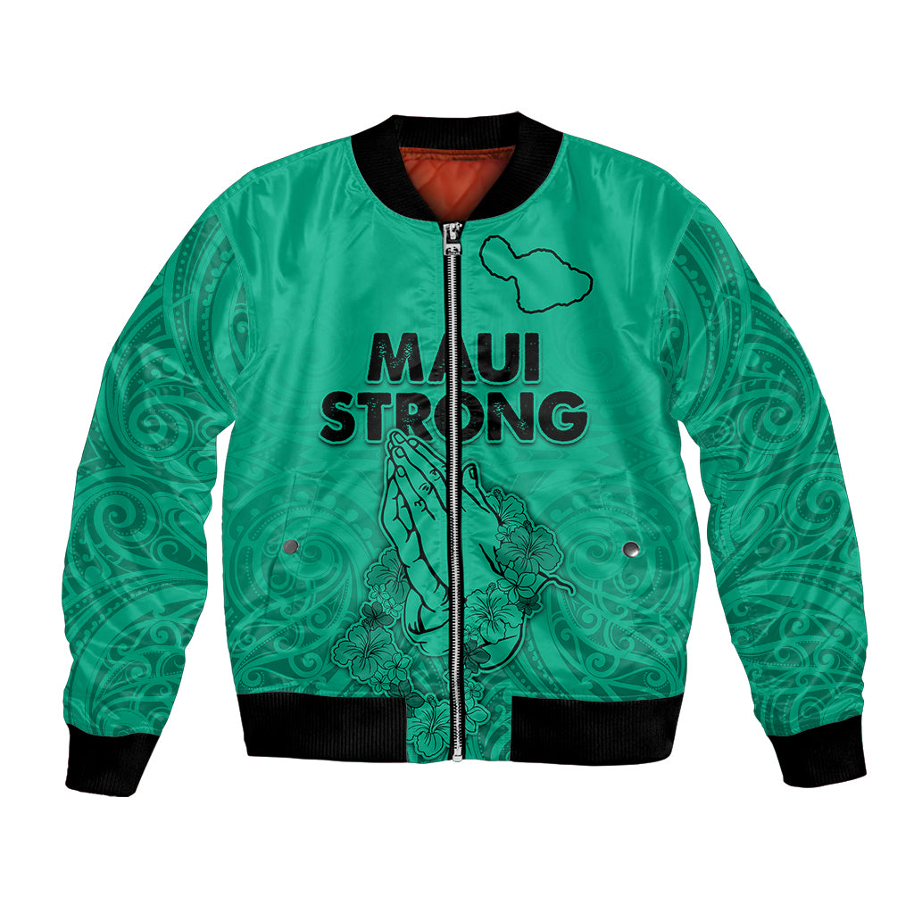 Unisex green bomber jacket with front zipper, black rib trim, Maui Strong graphic