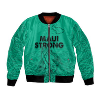 Unisex green bomber jacket with front zipper, black rib trim, Maui Strong graphic