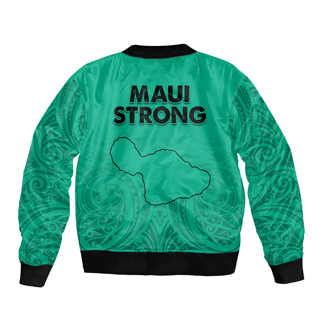 Unisex green bomber jacket, black rib trim, Maui Strong logo on back panel