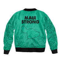 Unisex green bomber jacket, black rib trim, Maui Strong logo on back panel