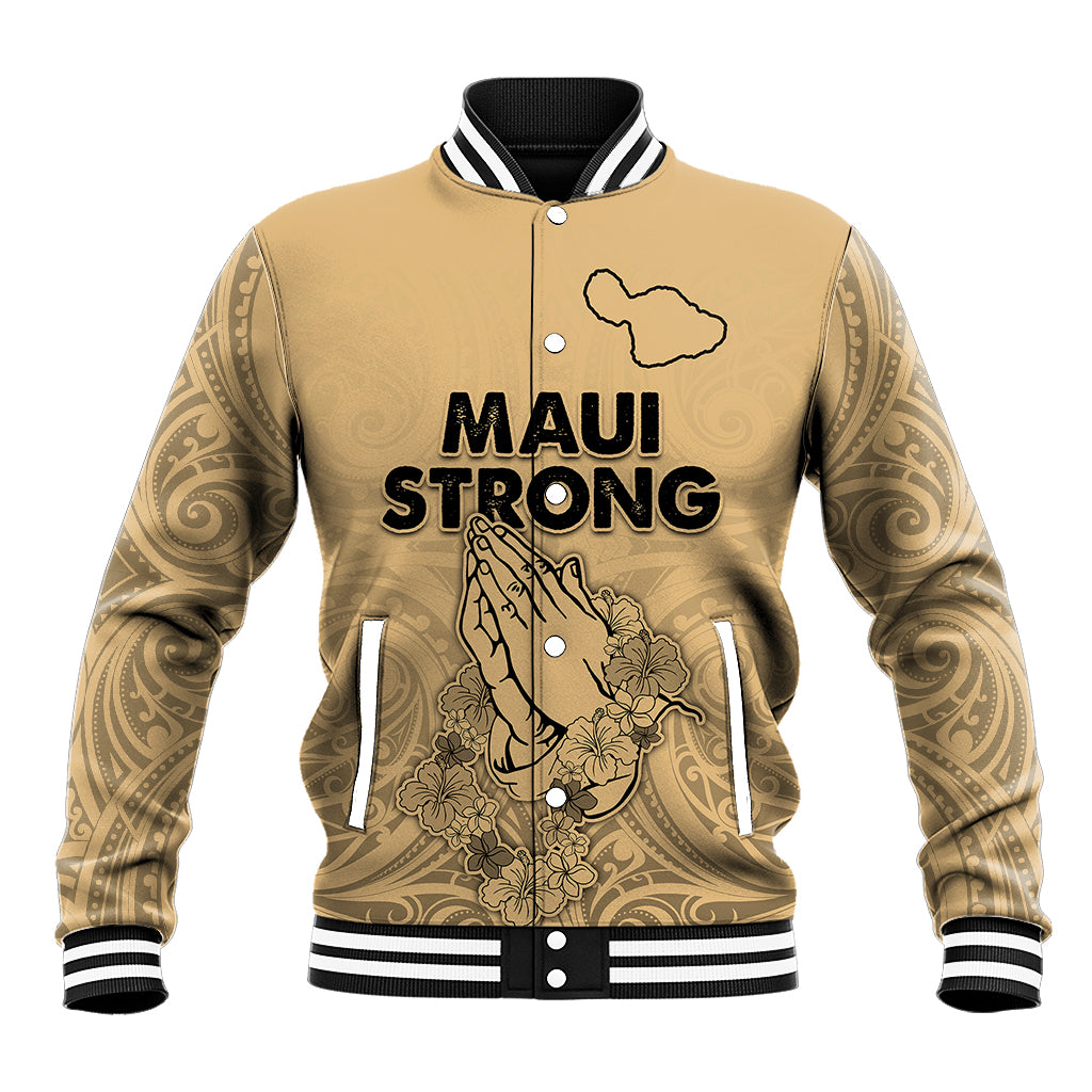 Nude baseball jacket with ribbed collar, black-and-white striped cuffs, Maui Strong front print