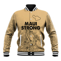 Nude baseball jacket with ribbed collar, black-and-white striped cuffs, Maui Strong front print