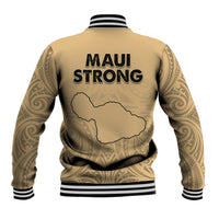 Nude baseball jacket, back view with Maui Strong text, outline map graphic, striped hem cuffs