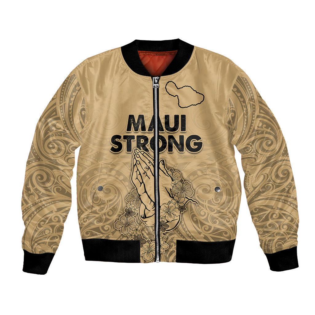 Unisex nude bomber jacket with front zipper, Maui Strong graphic, map and flowers