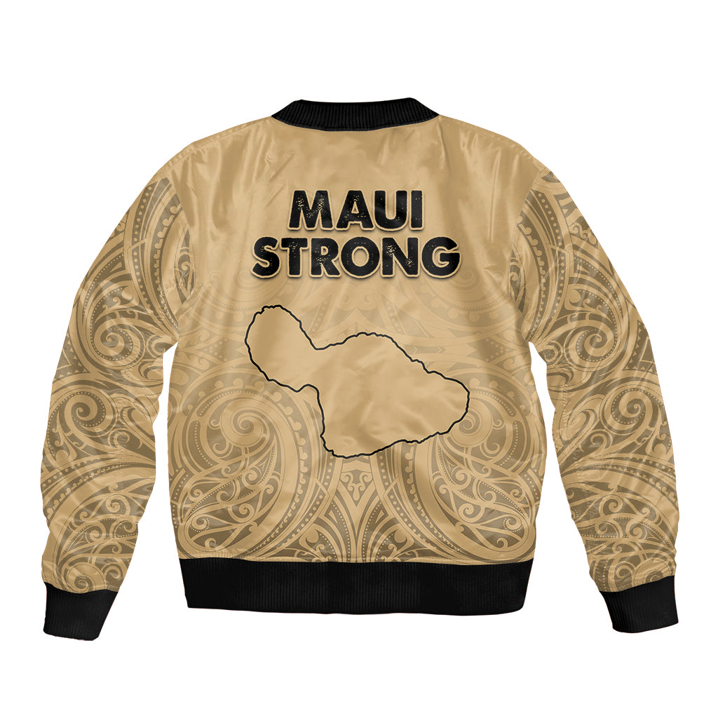 Unisex nude bomber jacket back view with Maui Strong text and map outline