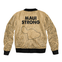 Unisex nude bomber jacket back view with Maui Strong text and map outline