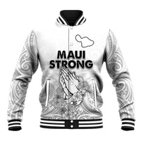 White unisex baseball jacket with black ribbed collar, button front, MAUI STRONG graphic