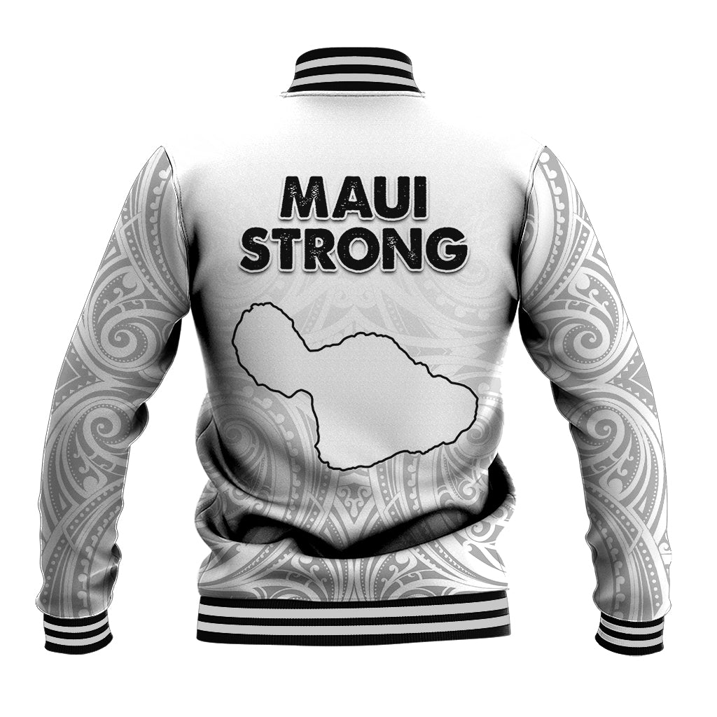 White unisex baseball jacket with black ribbed hem, MAUI STRONG back text, Maui island outline