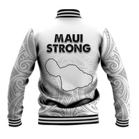 White unisex baseball jacket with black ribbed hem, MAUI STRONG back text, Maui island outline