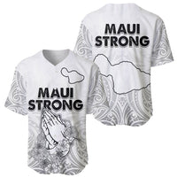 White baseball jersey set showing Maui Strong front and back with island outline