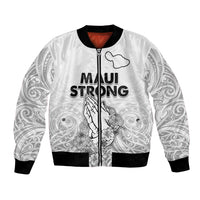 White unisex bomber jacket with front zipper, black ribbed trim, Maui Strong graphic