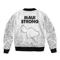 White unisex bomber jacket with black ribbed hem and cuffs, Maui Strong back graphic