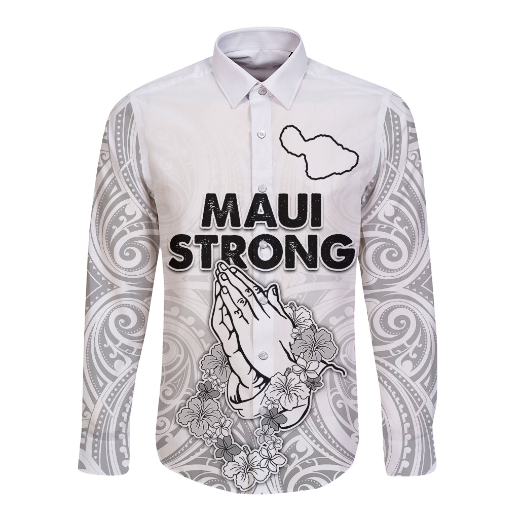 Unisex white long-sleeve button shirt with "Maui Strong" front graphic