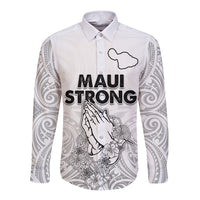 Unisex white long-sleeve button shirt with "Maui Strong" front graphic