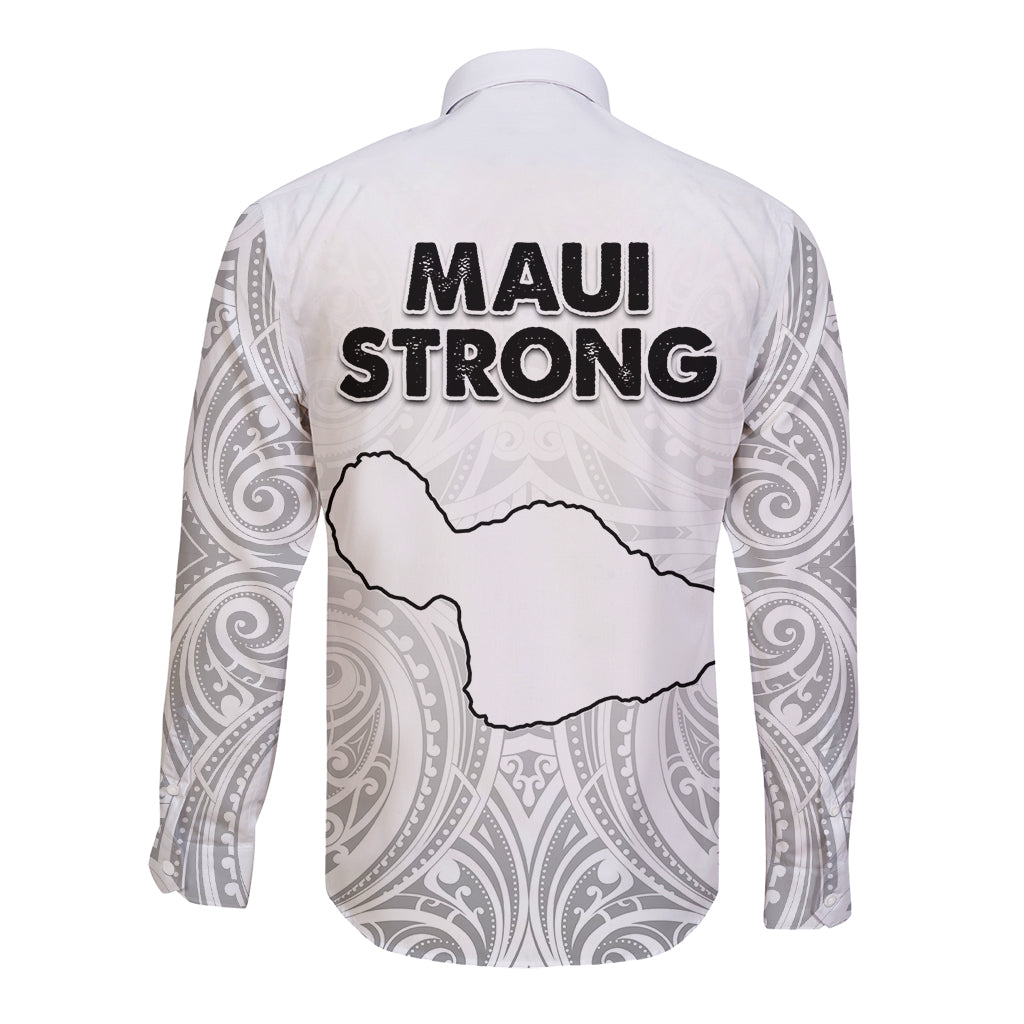 Unisex white long-sleeve button shirt with "Maui Strong" back graphic