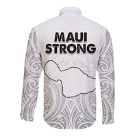 Unisex white long-sleeve button shirt with "Maui Strong" back graphic