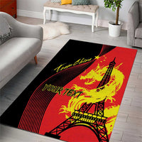 Red sports area rug with black center, yellow dragon and Eiffel Tower with custom text