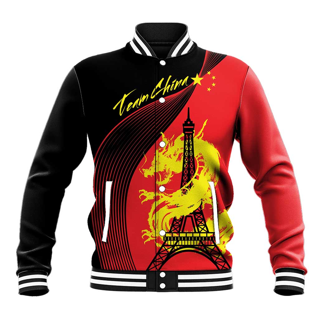 Red and black unisex baseball varsity jacket with dragon and Eiffel Tower graphic