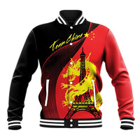 Red and black unisex baseball varsity jacket with dragon and Eiffel Tower graphic