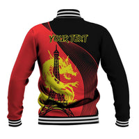 Back of red and black unisex varsity jacket with dragon, Eiffel Tower, and YOUR TEXT